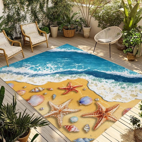 Blue Summer Beach Outdoor Rug for Patio/Deck/Porch, Non-Slip Large Area Rug 5 x 7 Ft, Coastal Starfish Nautical Ocean Indoor Outdoor Rugs Washable Area Rugs, Reversible Camping Rug Carpet Runner