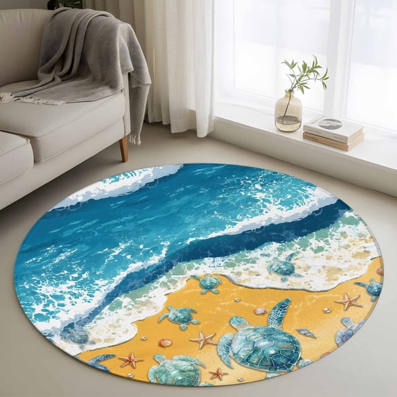 Blue Summer Beach Round Area Rug 3.3Ft Washable Circle Rugs for Dining Room Table, Coastal Sea Turtle Nautical Ocean Non-Slip Carpet Floor Mats Indoor Outdoor Carpet Runner Aesthetic Home Decor