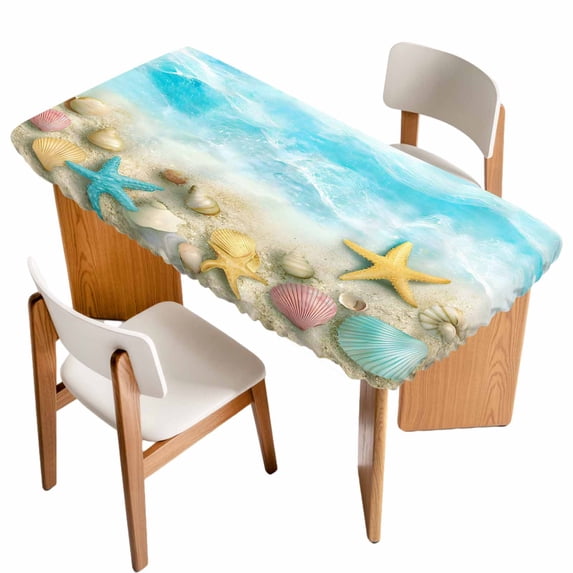 Blue Summer Beach Table Cloths for 5 Foot Rectangle Tables, Coastal Starfish Shell Nautical Waves Patio Waterproof Elastic Fitted Tablecloths, Washable Rectangular Table Cover for Camping