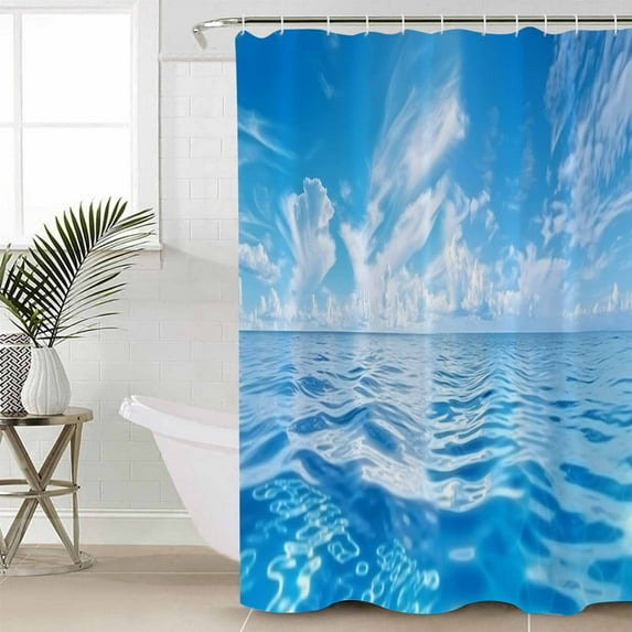 Blue Summer Beach Waterproof Fabric Shower Curtain, Seaside Ocean Coastal Nautical Shower Curtain for Bathroom Curtains Bathtubs Hotel Washable Shower Curtains with 12 Hooks Small 36x72in