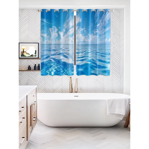 Blue Summer Beach Window Curtains Panels with Silver Grommet, Seaside Ocean Coastal Nautical Kitchen Cafe Curtain Draperies Window Treatment Set for Living Room/Bedroom/Laundry Room/Bathroom, 104x84