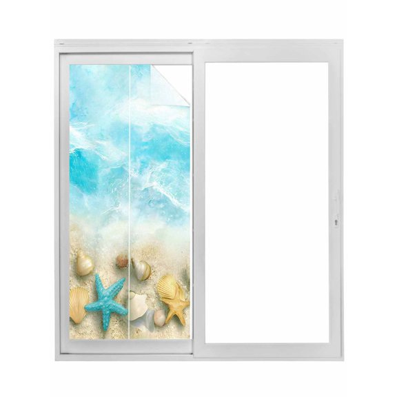 Blue Summer Beach Window Privacy Film, Coastal Starfish Shell Nautical Waves Static Cling UV Sun Blocking Tint Film Heat Control Windows Films for Bedroom Bathroom, Window Stickers 35.4"x78.7"