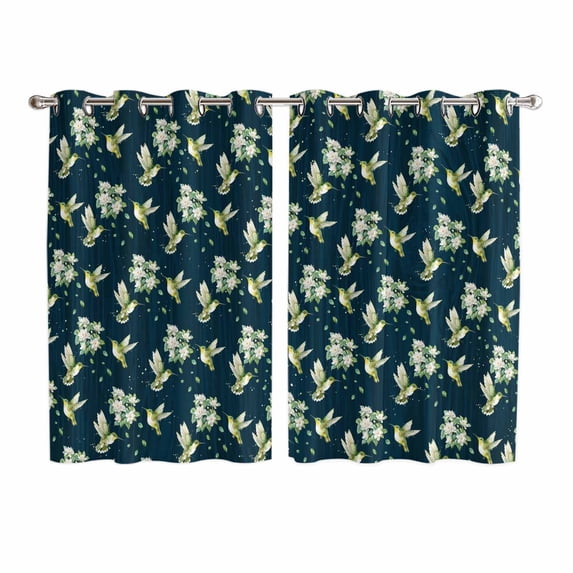 Blue Summer Botanical Kitchen Curtains Window Panels, Green Spring Floral Birds Farmhouse Insulated Window Treatment Curtain, Grommet Curtains for Bedroom/Living Room/Bathroom, 2 Piece 52"Wx72"L