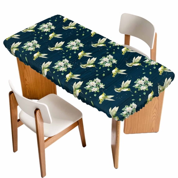 Blue Summer Botanical Table Cloths for 5 Foot Rectangle Tables, Green Spring Floral Birds Farmhouse Patio Waterproof Elastic Fitted Tablecloths, Washable Rectangular Table Cover for Camping