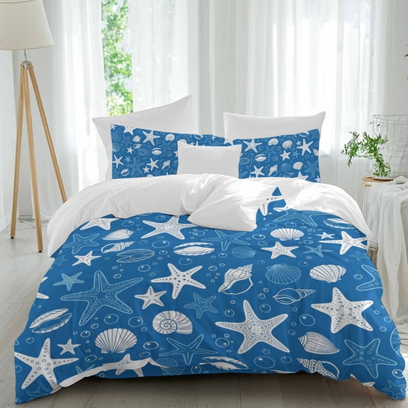 Blue Summer Comforter Set Queen Size, Starfish Shell Bubble Nautical Coastal Soft Bedding Set for Man Woman, 4 Pieces Duvet Cover Set with Fitted Sheet, 2 Pillowcases