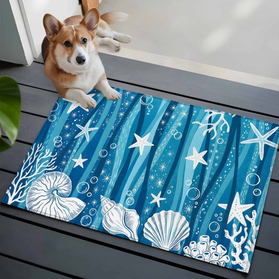 Blue Summer Front Door Rugs 2x3 ft Starfish Shell Couch Seaweed Ocean Coastal Small Rug for Entryway Non Slip Washable Bathroom Door Mat Absorbent Floor Mat for Indoor Entrance