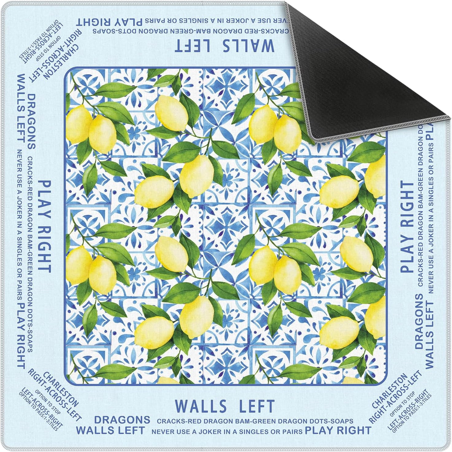 Blue Summer Italian Lemon Mahjong Mat 31.5x31.5 Inch, Mediterranean Tiles Non-Slip and Noise Reduction Mah Jong Table Mat Cover Gifts for Mahjong Lovers Poker Board Games Dominoes