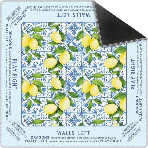 Blue Summer Italian Lemon Mahjong Mat 31.5x31.5 Inch, Mediterranean Tiles and Mah