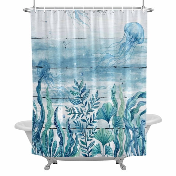 Blue Summer Ocean Bathroom Shower Curtain, Jellyfish Seaweed Coastal Wood Grain Waterproof Washable Soft Bath Curtain for Bathtub Decor with 12 Hooks&Grommet, 36x78 Inch