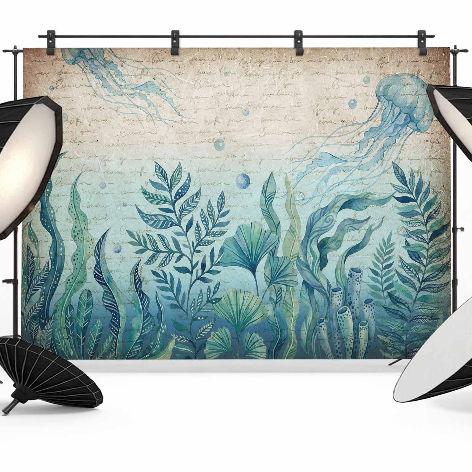 Blue Summer Ocean Photography Backdrop 7x5FT, Jellyfish Seaweed Vintage ...