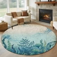 thumbnail image 1 of Blue Summer Ocean Round Living Room Rugs 8 ft, Jellyfish Seaweed Vintage Newspaper Washable Large Area Rug with Non-Slip Sturdy Edge Binding Round Carpet for Dining Room Kitchen Office, 1 of 9