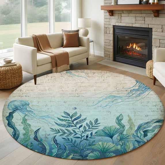 Blue Summer Ocean Round Living Room Rugs 8 ft, Jellyfish Seaweed Vintage Newspaper Washable Large Area Rug with Non-Slip Sturdy Edge Binding Round Carpet for Dining Room Kitchen Office