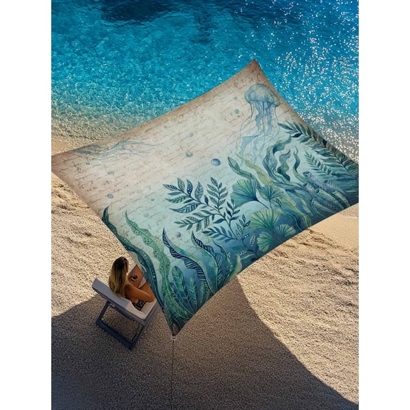 Blue Summer Ocean Sun Shade Sail 6.5' x 10', Jellyfish Seaweed Vintage Newspaper Rectangle Outdoor Sunshade Canopy, Waterproof UV Block Patio Covers for Garden Yard Beach