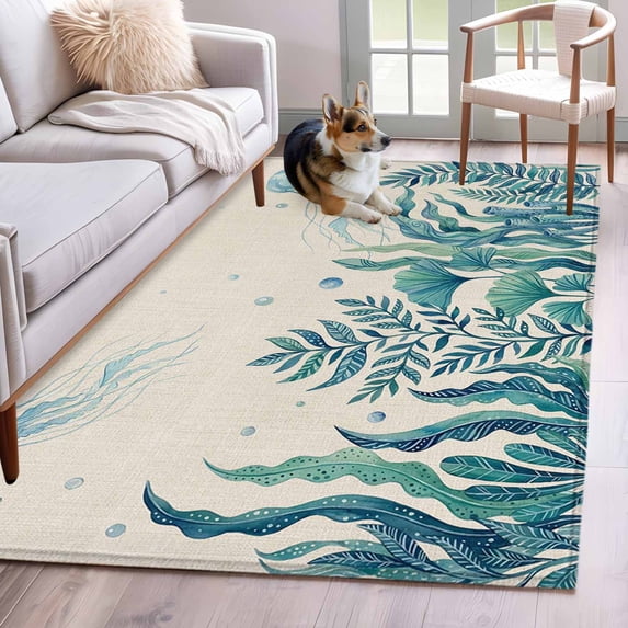 Blue Summer Ocean Washable Area Rugs 3'x5', Jellyfish Seaweed Vintage Coastal Low Pile Throw Living Room Rug Non-Slip Sturdy Edge Binding Carpet for Indoor Entryway Bedside Kitchen