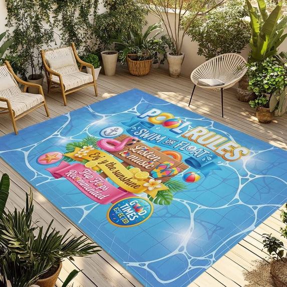 Blue Summer Outdoor Rug for Patio/Deck/Porch, Non-Slip Large Area Rug 6 x 9 Ft, Modern Tropical Plants Flamingo Pool Swimming Indoor Outdoor Rugs Washable Area Rugs, Camping Rug Carpet Runner