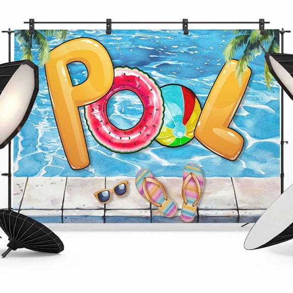 Blue Summer Pool Backdrop for Photoshoot,Photography Photo Studio Background Wall Backdrop,Watermelon Swimming Ring Slippers Back Drop Banner Panel for Portraits Wedding Party Live Streaming 7x5Ft