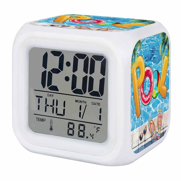 Blue Summer Pool Digital Alarm Clock for Bedrooms, Smart LED Alarm Clock with 7 Color Changing Night Light, Watermelon Swimming Ring Slippers Silent Wake Up Clocks for Sleep Study Cooking 3.2"x3.2"