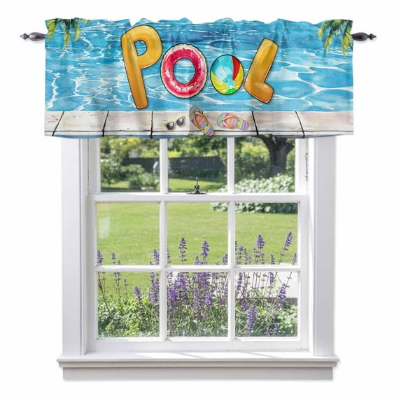 Blue Summer Pool Kitchen Curtain Valances for Windows Farmhouse Short Curtains, Watermelon Swimming Ring Slippers Rod Pocket Valance Curtain for Bedroom Cafe Living Room 42"x12"
