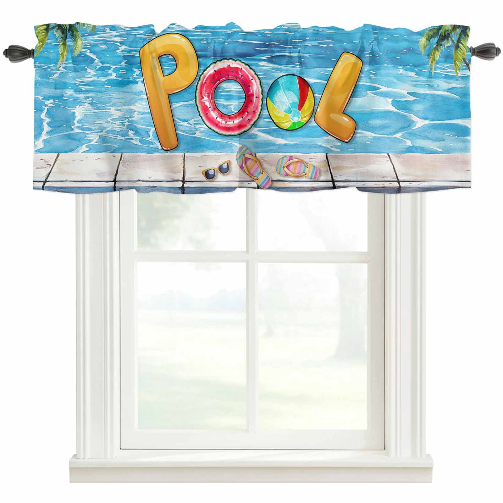 Blue Summer Pool Kitchen Valances for Windows, Watermelon Swimming Ring ...