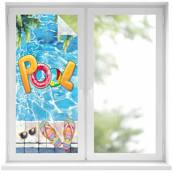 Blue Summer Pool Privacy Window Film, Decorative Frosted Glass Window Film, Watermelon Swimming Ring Slippers Reusable Peel and Stick Static Cling for Home Bathroom Office Glass Door 17.7"x39.3"