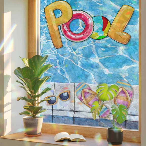 Blue Summer Pool Privacy Window Film, Decorative Stained Glass Window Film, Watermelon Swimming Ring Slippers Resuable Rainbow Static Cling for Home Bathroom Living Room Glass Door 17.7"x39.3"
