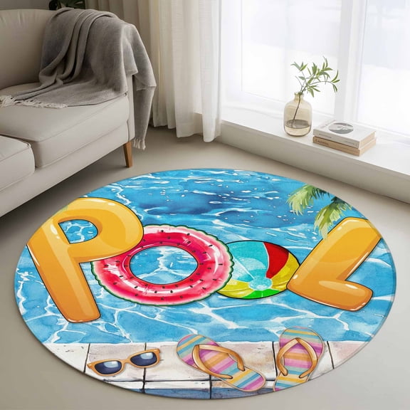 Blue Summer Pool Round Area Rug 4 FT, Non Slip Indoor Outdoor Rug, Watermelon Swimming Ring Slippers Washable Soft Circular Carpet Non-Shedding Floor Mat for Coffee Table Nursery Foyer Balcony