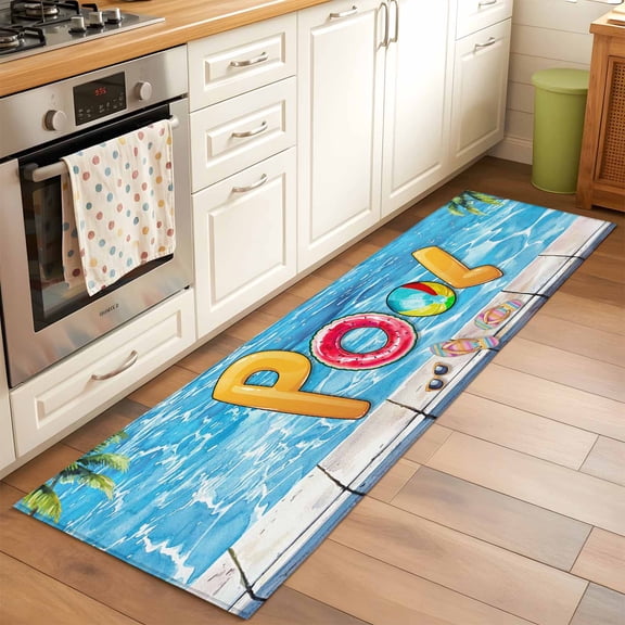 Blue Summer Pool Runner Rug 2x6 FT, Non Slip Hallway Carpet, Watermelon Swimming Ring Slippers Washable Soft Floor Carpet Throw Runner Carpet Long Rug for Entryway Kitchen Bedside Sliding Door