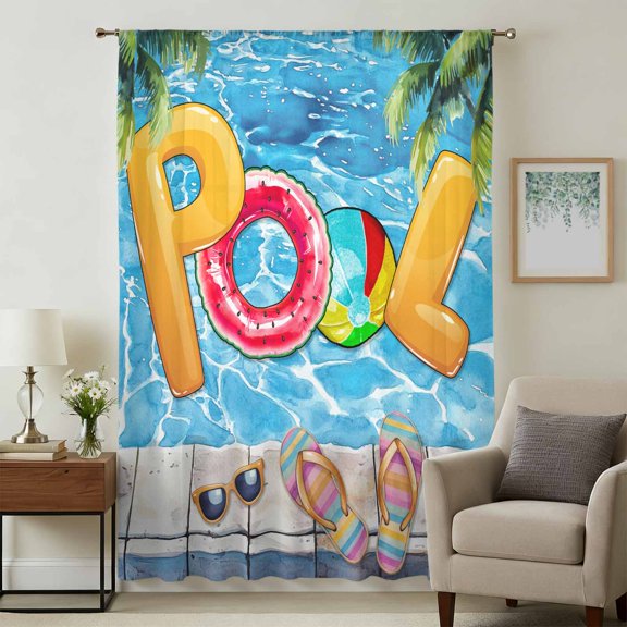 Blue Summer Pool Sheer Curtains 45 Inches Long, Watermelon Swimming Ring Slippers Light Filering Curtains, Breathable Simi Curtain Privacy Drapes for Kitchen Bathroom Small Window Treatment