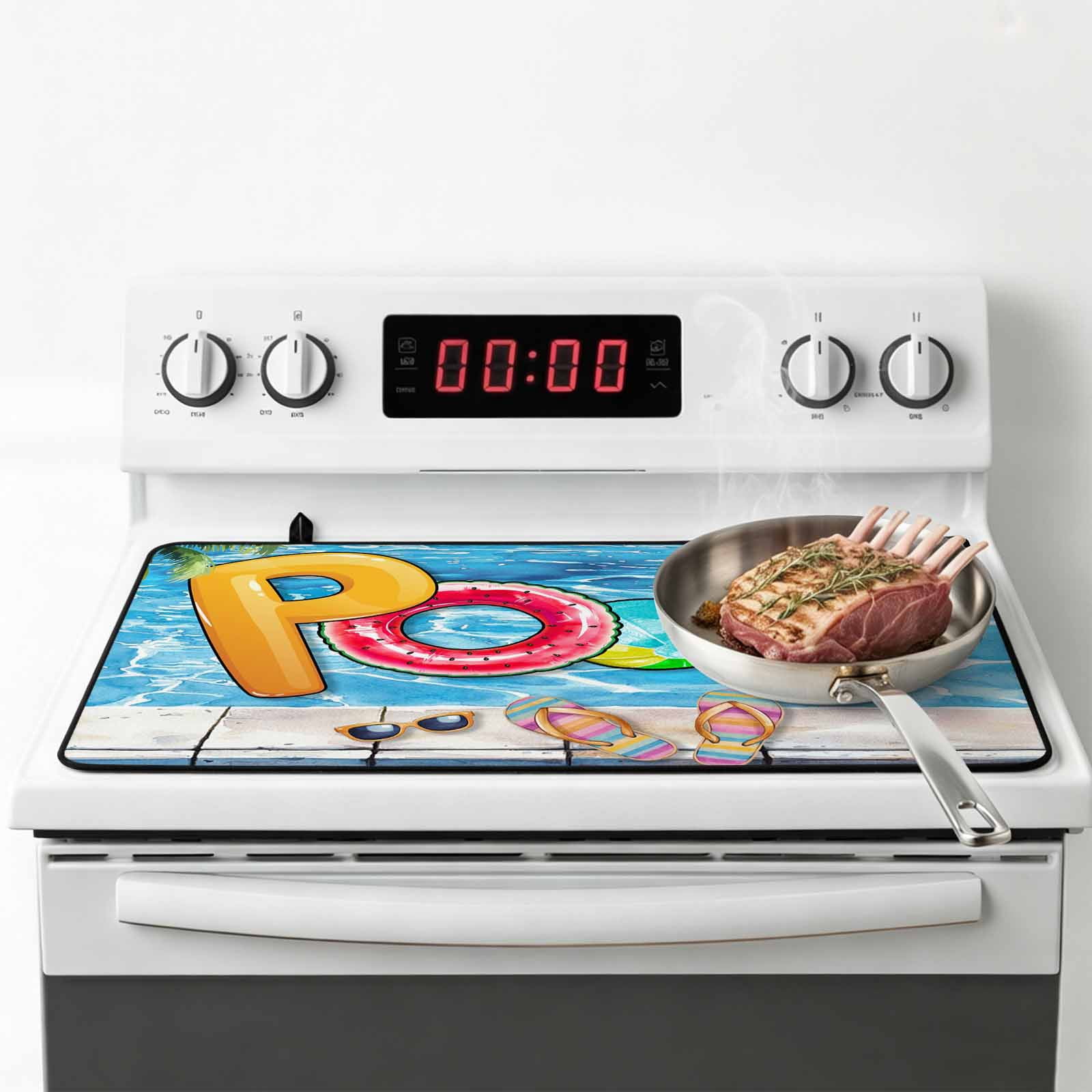 Blue Summer Pool Stove Top Cover for Electric Stove, Heat-proof & Non Slip Glass Top Stove Cover Protector, Watermelon Swimming Ring Slippers Kitchen Flat Cooktop Rubber Mat 24x21 Inches