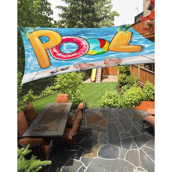 Blue Summer Pool Sun Sail Shades Rectangle Canopy,Sunlight Block Heavy Duty Curved Backyard Shade Cover,Watermelon Swimming Ring Slippers Waterproof Sun Shades for Patios Garden Pergola 14'x18'
