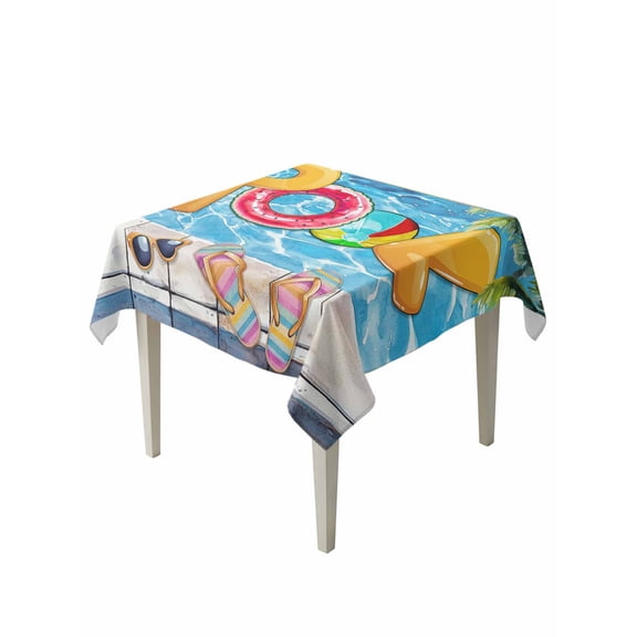 Blue Summer Pool Suqare Tablecloth - 54 x 54 Inch, Watermelon Swimming Ring Slippers Waterproof & StainResistant Tablecloth, Washable Oil-proof Table Cover for Dining/Party/Wedding/Camping/Buffet