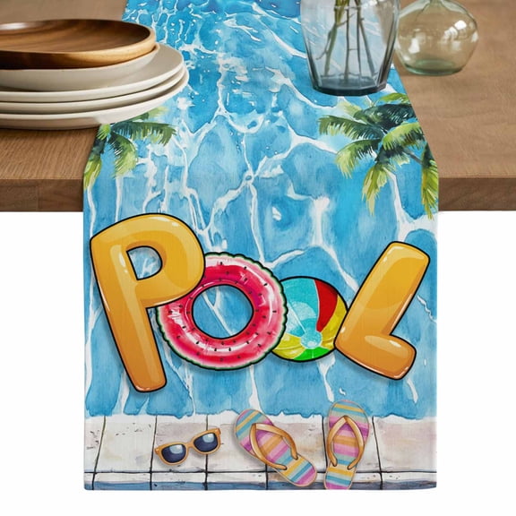 Blue Summer Pool Table Runner, Watermelon Swimming Ring Slippers Washable Cotton Linen Table Runners 36 Inches Long, Dresser Scarf Runner for Nightstand/End Tables/Round Tables 13''x36''