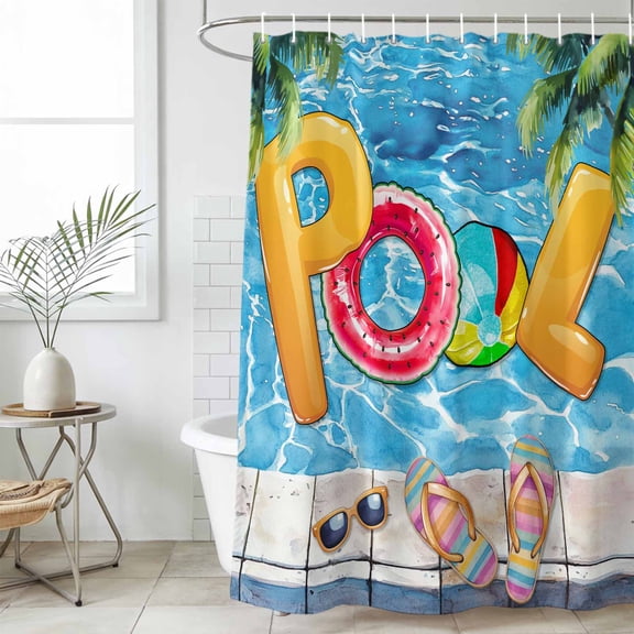 Blue Summer Pool Waterproof Fabric Shower Curtain,Watermelon Swimming Ring Slippers Waterproof Fabric Shower Curtain for Bathroom Curtains Bathtubs Hotel Shower Curtains with 12 Hooks Small 36x72in