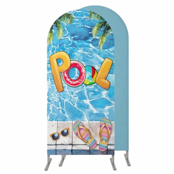 Blue Summer Pool Wedding Arch Cover, Stretchy Spandex Arch Backdrop Stand Covers 4 FT, Watermelon Swimming Ring Slippers Round Top Arched Backdrop Cover for Birthday Party Ceremony Baby Shower Event