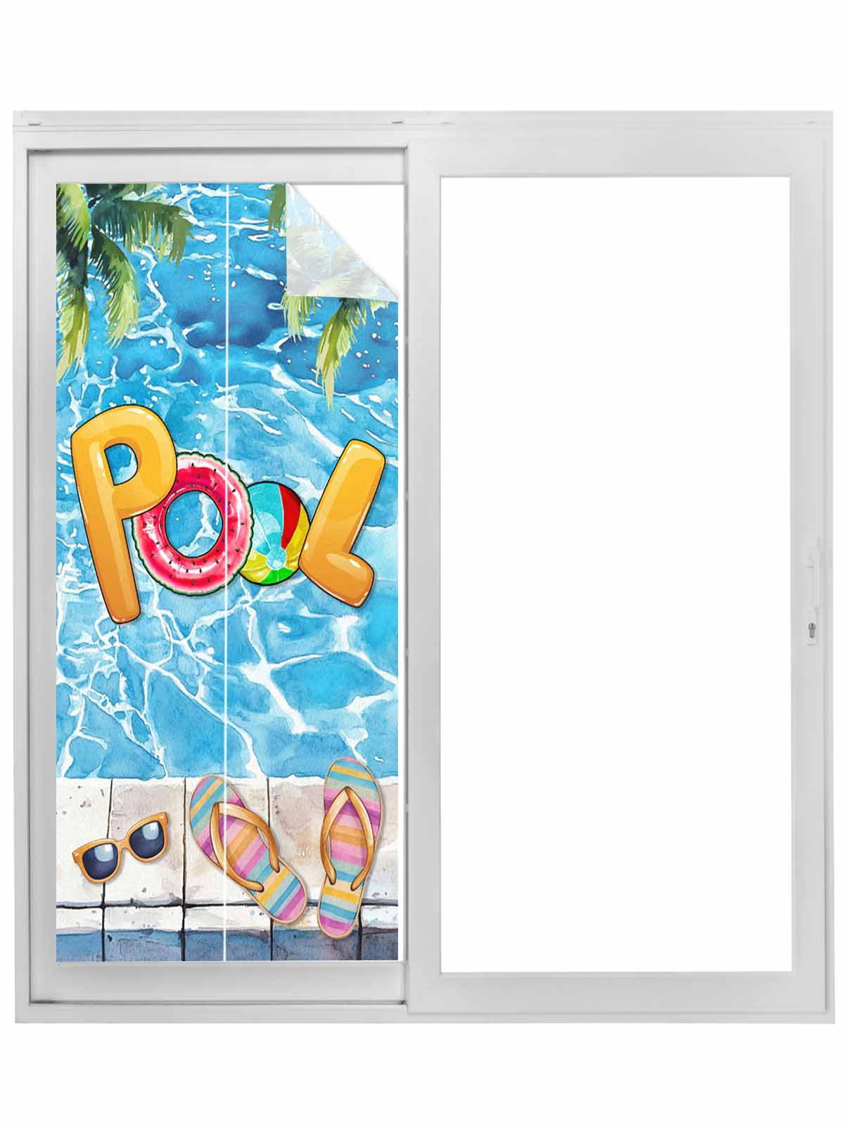 Blue Summer Pool Window Privacy Film, Watermelon Swimming Ring Slippers Static Cling UV Sun Blocking Tint Film Heat Control Windows Films for Bedroom Bathroom, Window Stickers 23.6"x59"