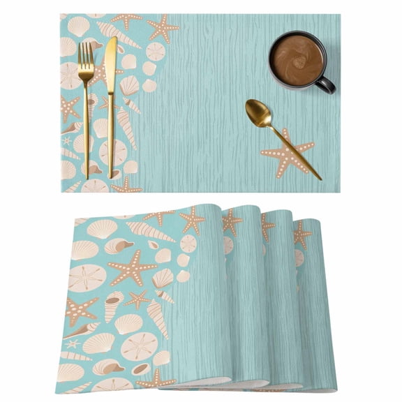 Blue Summer Starfish Placemats Set of 4, Ocean Conch Shell Beach Placemats for Dining Table, Place Mats for Kitchen Tabletop, Waterproof Wipeable Dining Table Mats Set