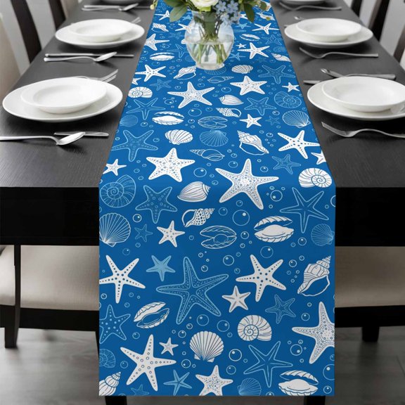 Blue Summer Table Runner, Starfish Shell Bubble Nautical Coastal Washable Cotton-linen Table Runners Dining Kitchen Decoration for Everyday Home Wedding Party Decor, 13 x 36 Inch