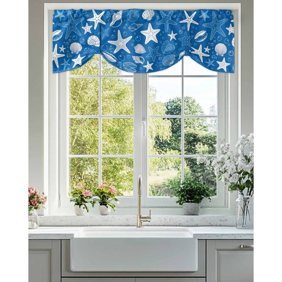 Blue Summer Tie Up Valances Curtain, Adjustable Kitchen Starfish Shell Bubble Nautical Coastal Valances for Windows Decor, Rod Pocket Short Curtains Set for Bedroom/Bathroom, 42"x12"