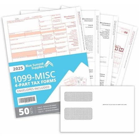 Blue Summit 1099 MISC Forms 2025 with Envelopes, 1099-MISC 4 Part Tax Forms Kit, 50 Vendor Kit of Laser Forms, Compatible with QuickBooks and Accounting Software, 50 Self Seal Envelopes Included