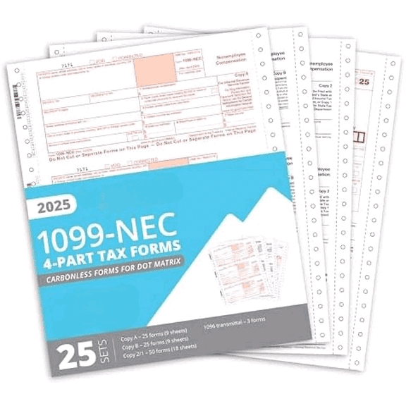 Blue Summit 1099 NEC Forms 2025 Carbonless, 4 Part 1099 NEC Forms for Dot Matrix Printers, Tax Form Kit Designed for Use with QuickBooks and Accounting Software, 25 Pack$$Office