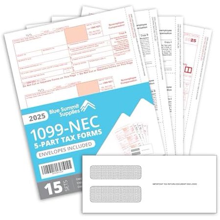 Blue Summit 1099 NEC Forms 2025 with Envelopes, 15 2025 1099 NEC Tax Forms, 4 Part Kit, Compatible with QuickBooks and Accounting Software, 15 Self Seal Envelopes with 3 1096 Included