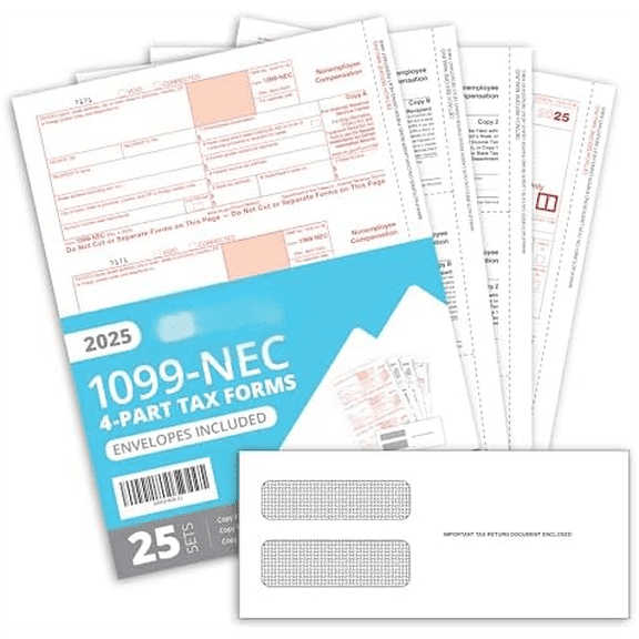 Blue Summit 1099 NEC Forms 2025 with Envelopes, 25 2025 1099 NEC Tax Forms, 4 Part Kit, Compatible with QuickBooks and Accounting Software, 25 Self Seal Envelopes with 3 1096 Included$$Office