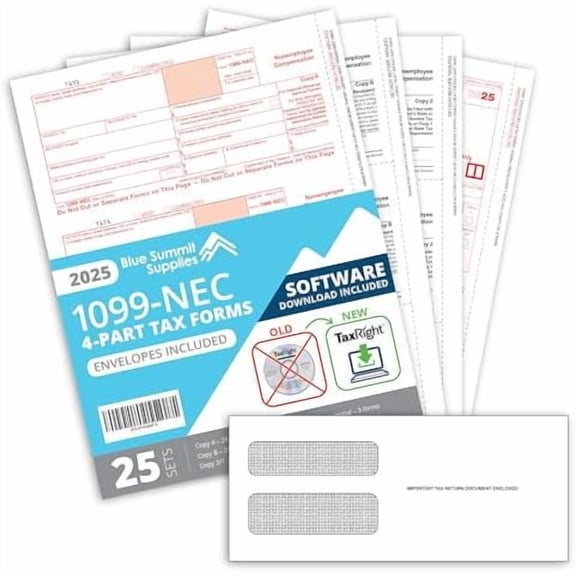 Blue Summit 1099 NEC Forms 2025 Software, Tax Right Software 2025 1099 NEC, Designed for QuickBooks and Accounting Software, TaxRight, 3 1096 Forms, and 25 Self Seal Envelopes Included$$Office