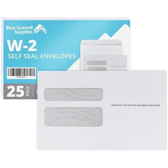 Blue Summit 25 W2 Envelopes 2025 Self Seal, W-2 Double Window Security Envelopes for 2 UP IRS Tax Forms from QuickBooks Online, Desktop, ADP and Other Software, 5 5/8 x 9, 25 Form Envelopes