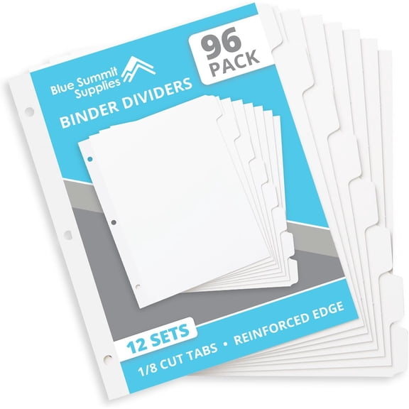 Blue Summit 3 Ring Binder Dividers with Tabs, Reinforced Edge, 1/8 Cut, Letter Size, 8 Tab for Bulk, White, 12 Sets, 96 Pack