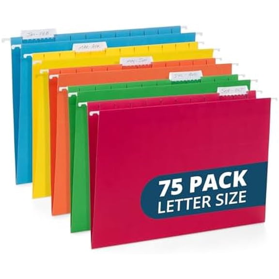Blue Summit 75 Pack Colored Hanging File Folders Letter Size No Expansion, Colored Hanging File Folders Bulk, Assorted Colors, Designed for Bulky Files, Medical Charts, 1/5 Tabs