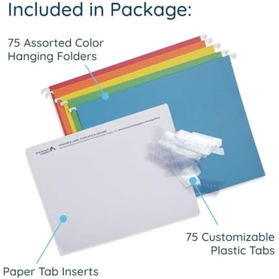 Blue Summit 75 Pack Colored Hanging File Folders Letter Size No Expansion, Colored Hanging File Folders Bulk, Assorted Colors, Designed for Bulky Files, Medical Charts, 1/5 Tabs
