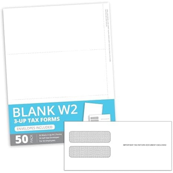 Blue Summit Blank W2 3 Up Tax Forms 2025, W2 Perforated Paper 50 Employee Sets, Ideal for E-Filing, Compatible with Quickbooks and Laser or Inkjet Printers, 50 Sheets and Self Seal Envelopes$$Office