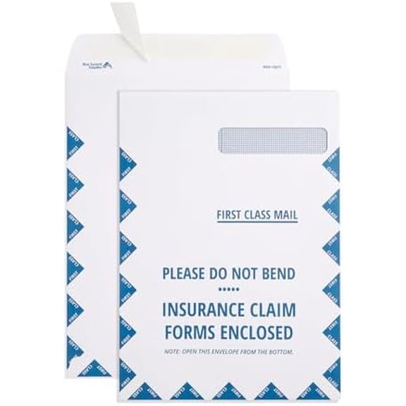Blue Summit CMS 1500 Claim Form Envelopes - 9x12.5-100 HCFA 1500 Claim Forms Envelopes with Security Tint and Peel and Seal for cms insurance claims, Right Window, Self Seal, 100 Pack$$Office