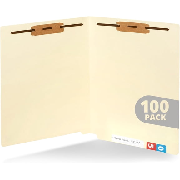 Blue Summit Supplies 100 Manila Fastener File Folders with End Tabs, Reinforced Straight Cut Tab 2 Fasteners, Standard Medical Folders, Letter Size, Manila, Pack